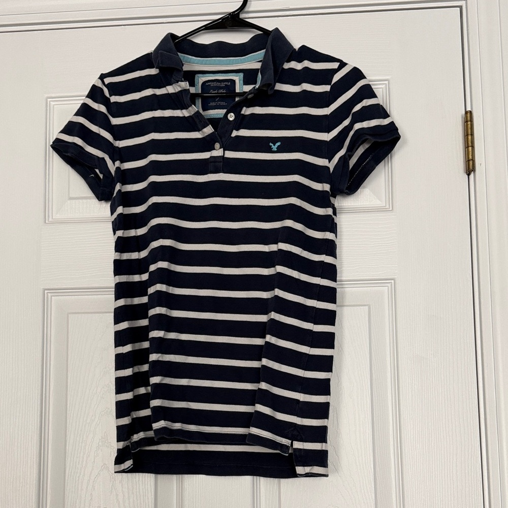 American Eagle women’s Navy & White Striped Polo Tee with Chest Logo